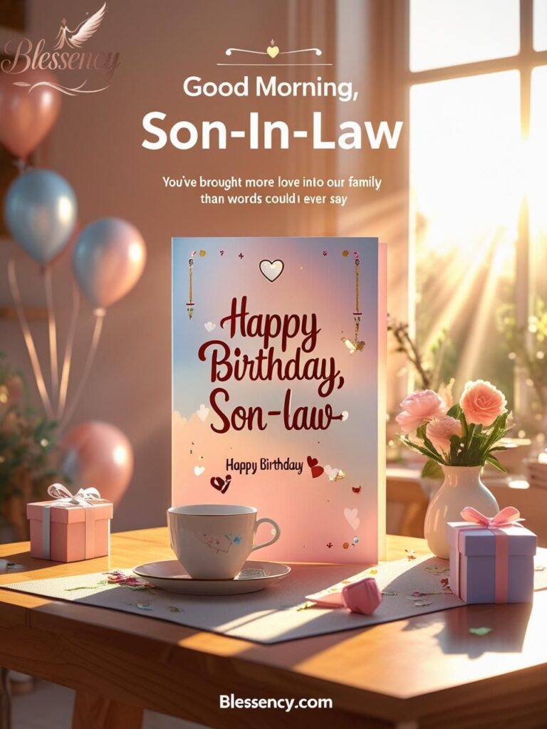 Beautiful warm morning birthday image for son-in-law with pastel colors, sunlight, flowers, tea cup, birthday card and emotional quote. Features “Happy Birthday Son-in-Law” and “You’ve brought more love into our family than words could ever say” — created for Happy Birthday Son-in-Law Images with Quotes, Wishes & Messages.