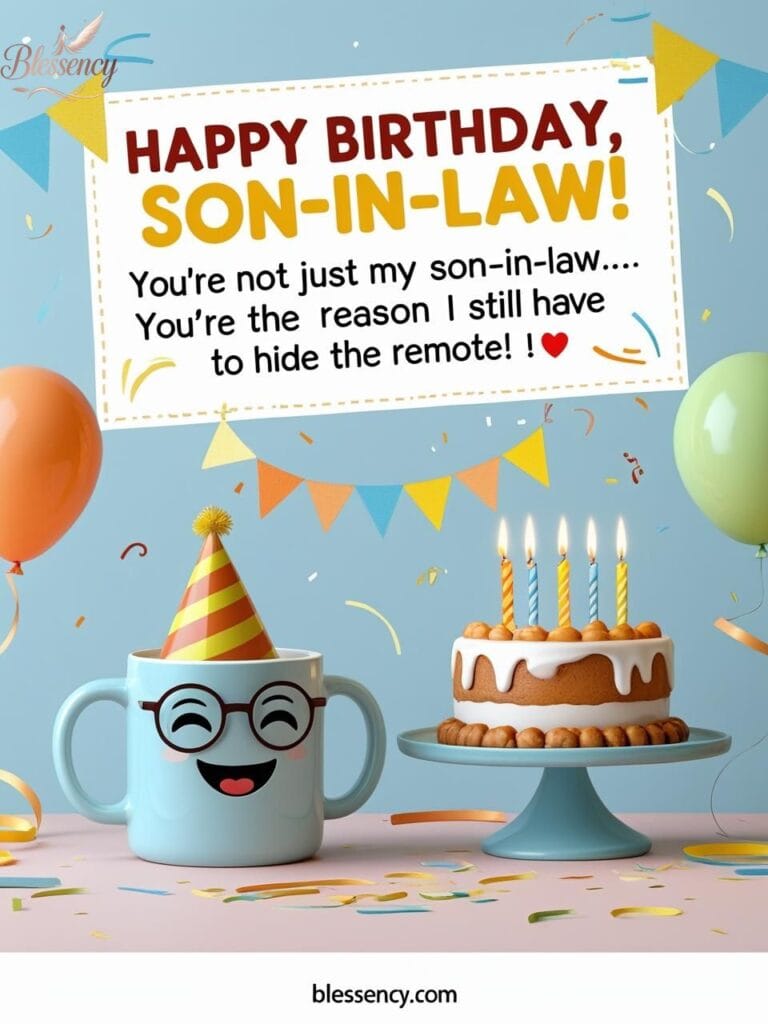 Funny birthday image for son-in-law with colorful balloons, cake, and humorous quote. Includes “Happy Birthday Son-in-Law” message and light-hearted vibes. Designed for Happy Birthday Son-in-Law Images with Quotes, Wishes & Messages.