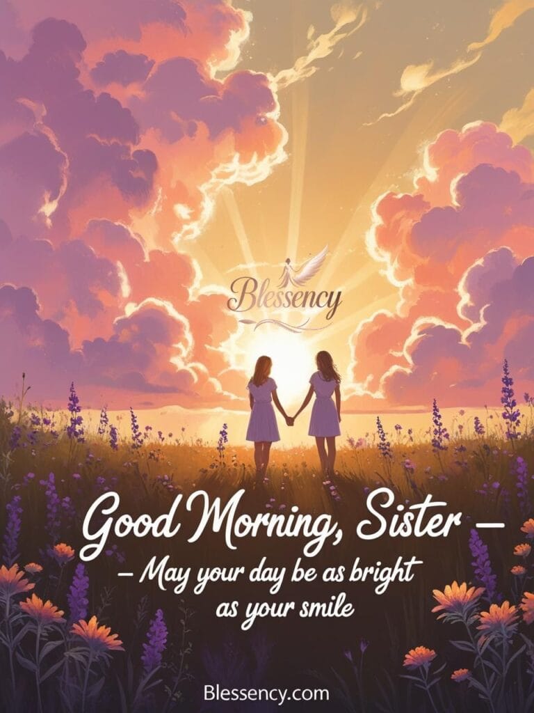 Two sisters holding hands in a flower field during sunrise with golden light and the quote “Good Morning, Sister — May your day be as bright as your smile” written across the image. Peaceful and emotional morning vibes.