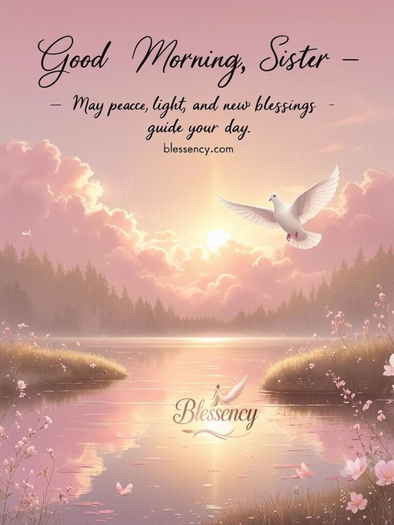 Peaceful sunrise over a calm lake with a flying dove and spiritual good morning message for sister that reads: “Good Morning, Sister — May peace, light, and new blessings guide your day.”