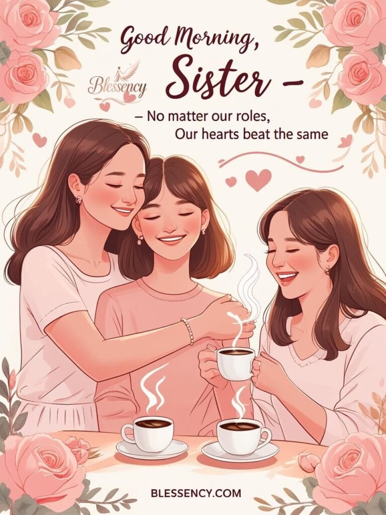 Two pairs of sisters—one hugging, one laughing—against a peaceful sunrise background with the quote “Good Morning, Sister — No matter our roles, our hearts beat the same.” A heartfelt morning greeting image.