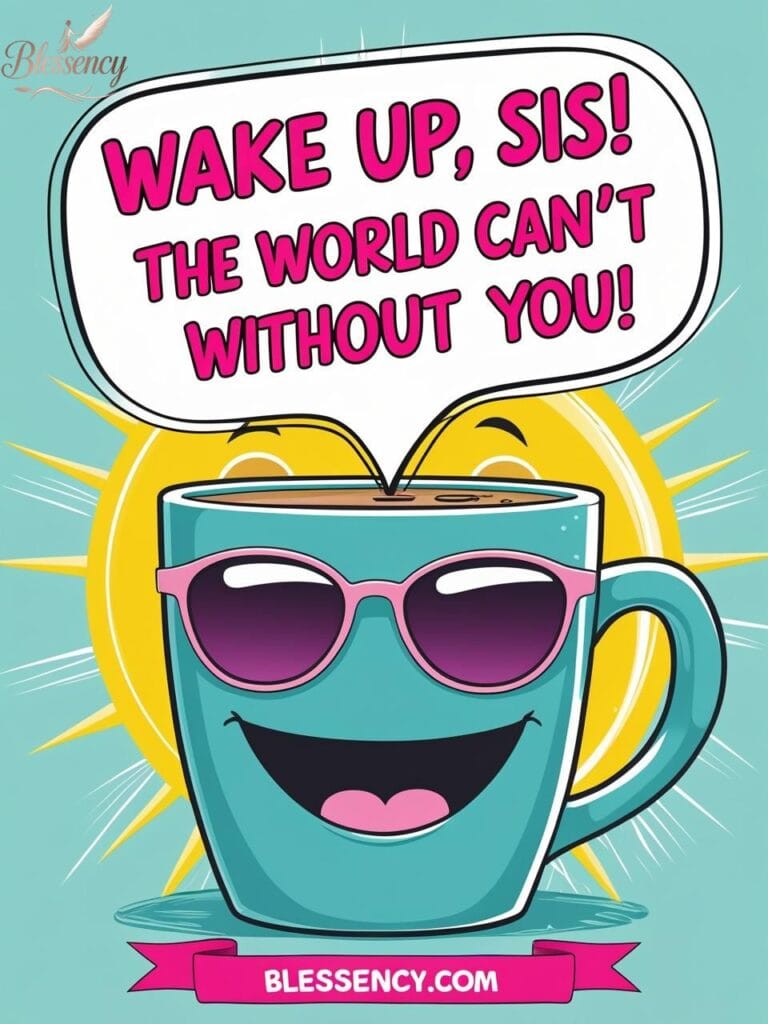 Cartoon coffee mug wearing sunglasses with a smiling sun and a quote saying “Wake up, sis! The world can’t laugh without you!” A fun and cheerful good morning message for sister.