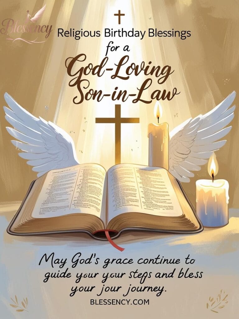 Peaceful religious birthday image for son-in-law featuring Bible, candlelight, and spiritual quote. Shows “Happy Birthday Son-in-Law” with divine blessings. Designed for Happy Birthday Son-in-Law Images with Quotes, Wishes & Messages.