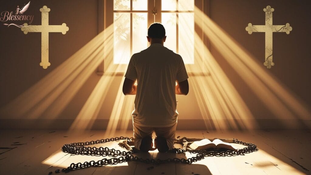A person praying alone with broken chains at their feet, symbolizing deliverance and spiritual freedom from pornography addiction. Powerful visual of repentance, healing through prayer, and the breaking of lustful strongholds. Ideal for Christian articles on pornography prayer points with Scriptures
, resisting sexual temptation, deliverance prayer with scriptures, and overcoming addiction through God’s Word.