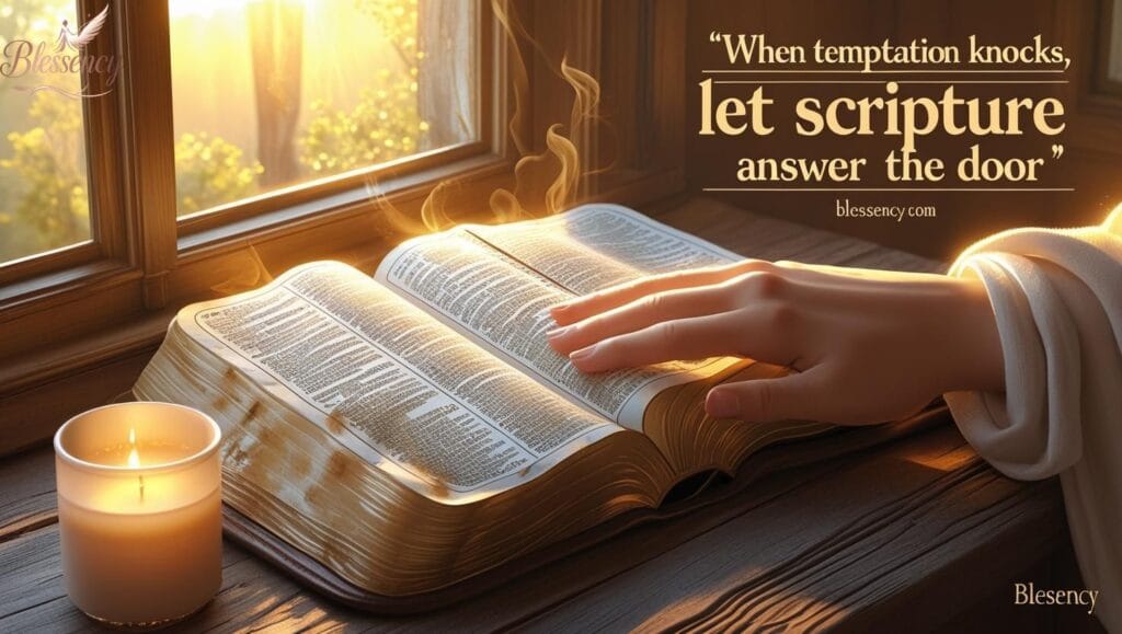 Open Bible with sunlight streaming in, showing a person’s hand meditating on scripture — a peaceful Christian scene symbolizing how Bible verses offer strength against pornography temptation. Ideal visual for articles about resisting lust, daily scripture reflection, and healing from sexual addiction through God’s Word. Branded with Blessency.com.