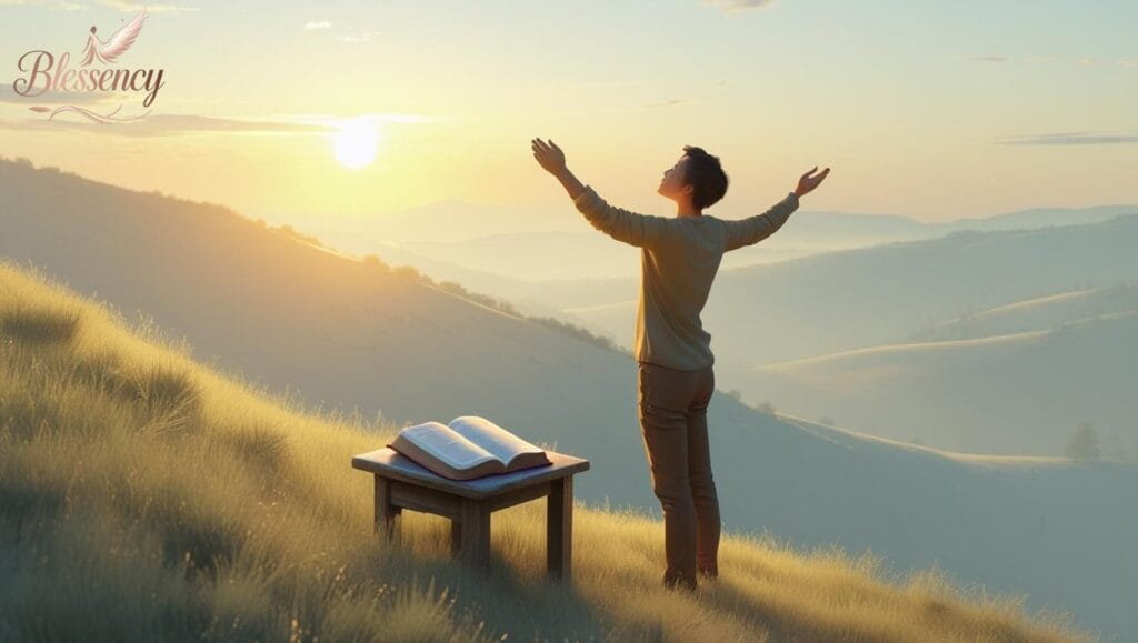“Morning prayer for personal growth with Bible — sunrise moment symbolizing daily spiritual renewal, wisdom, and faith-based prayer points with Bible verses for guidance.”