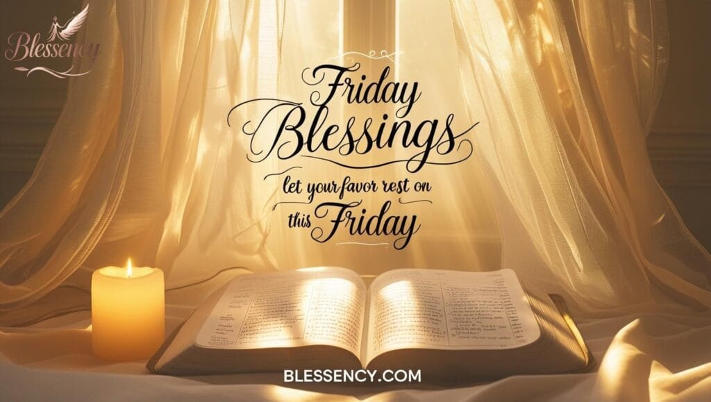 Friday Morning Prayers for Blessings and Divine Favor with Bible, soft golden light, and handwritten blessings for divine favor — perfect image to reflect spiritual devotion and God's mercy for the weekend.