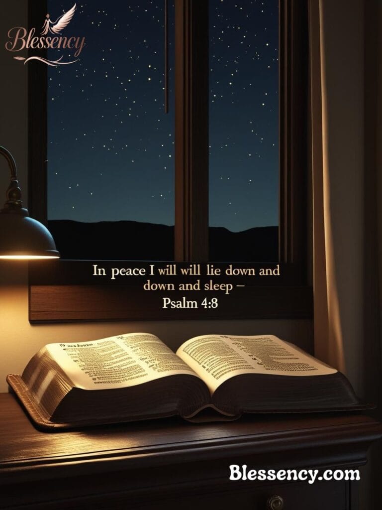 Psalm 4:8 night prayer meaning, Bible verse for bedtime peace, restful night family scripture image