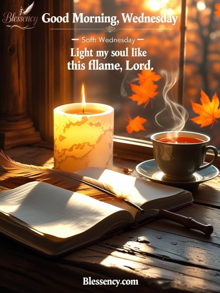 Wednesday morning devotional setup with tea, candlelight, and prayer quote. Keywords: Wednesday Morning Prayers and Blessings, cozy spiritual energy, divine light.