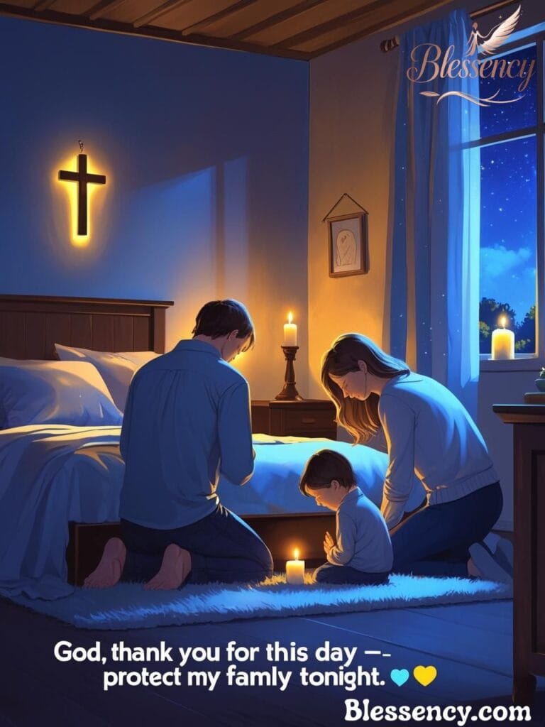 Peaceful night prayer for family protection with bedtime blessing, Psalm 4:8 meaning, evening prayer before sleep