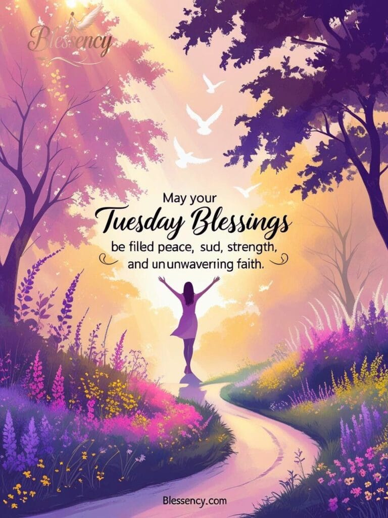 "Colorful Tuesday morning blessings image showing a woman in prayer surrounded by nature and sunlight. Encouraging Tuesday prayer visual for Christian faith, spiritual strength, peace, and devotion. Keywords: Tuesday morning prayers, Tuesday blessings, encouragement for Tuesday, spiritual start to the week, Christian prayer image."