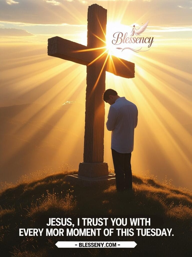 "Tuesday morning faith image with sunrise, wooden cross, and person praying. Keywords: Tuesday prayer, Christian morning trust, strength through Christ, emotional devotional blessing, Jesus-centered prayer, Blessency.com."