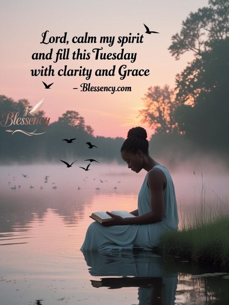 "Peaceful Tuesday morning prayer image by a lake with sunrise and a woman reflecting with Bible. Keywords: Tuesday morning prayer, calm and clarity, spiritual strength, Christian devotional, peaceful Tuesday blessing image, Blessency.com."
