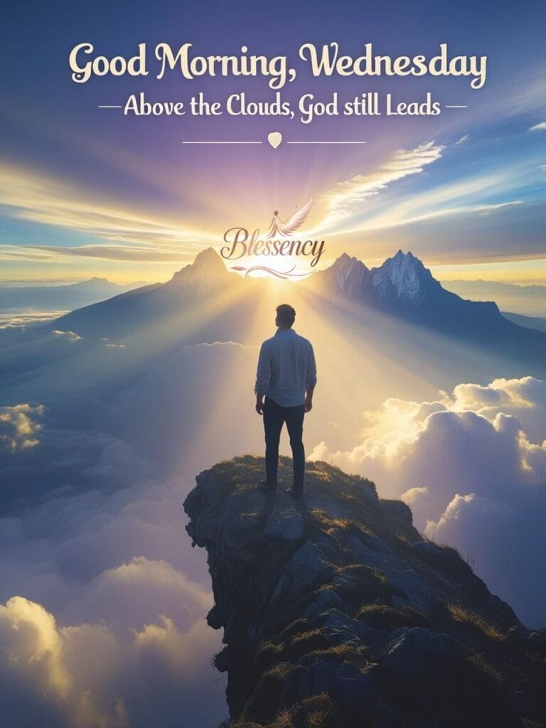 A person standing on a cliff looking over sunrise-lit mountain peaks above clouds. Dramatic colors: gold, blue, lavender. Add soft rays and gentle font.Wednesday Morning Prayers and Blessings