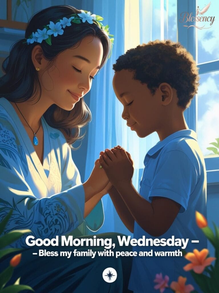 Soft-focus image of a mother and child holding hands in morning prayer near a window. Soft blue light, cozy interior, warm emotion. Add prayer line + logo.