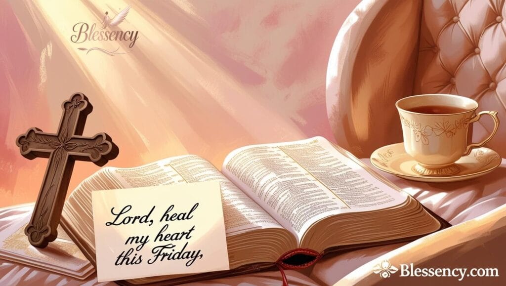A peaceful faith-filled scene with Bible, cross, and healing prayer for Friday morning — representing restoration, hope, and God’s comforting love.