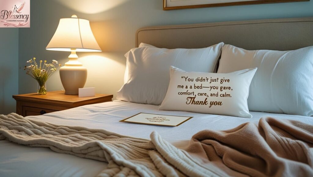 A peaceful guest bedroom with thank-you card on the pillow, warm lighting, and a calm, heartfelt atmosphere — perfect to say thank you for hosting overnight.