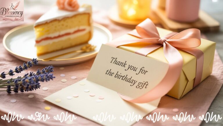 A warm, soft-lit flat lay featuring a handwritten thank-you note next to an unwrapped birthday gift with ribbon and pastel cake background, perfect for expressing "Thank You for the Birthday Gift" in an emotional and inviting way.