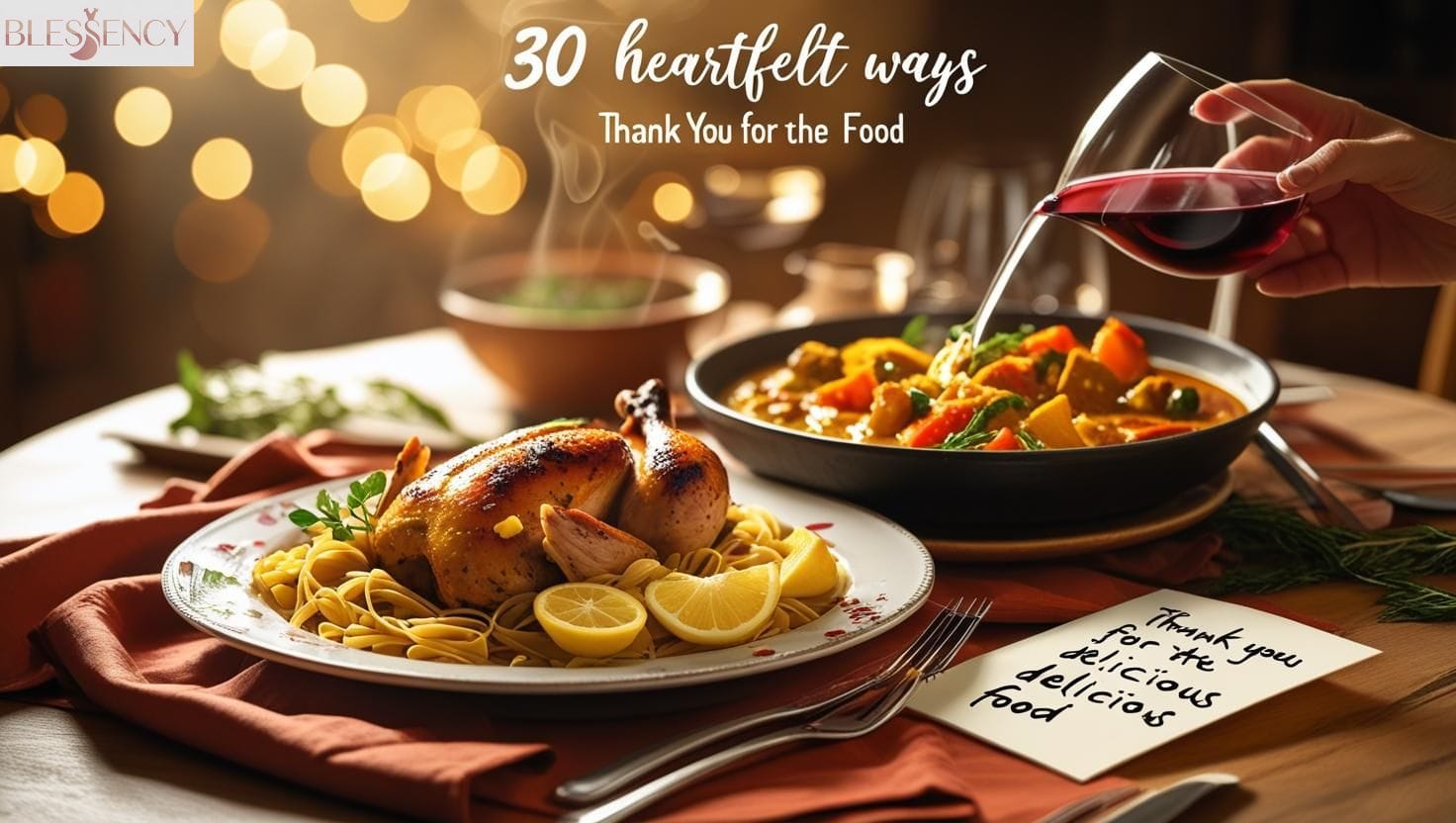 Handwritten 'Thank You for the Delicious Food' note beside a steaming home-cooked meal on a cozy dining table"