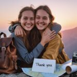 “Two happy travelers sharing a memorable moment together, with a thank you note expressing thank you for making this trip memorable.”