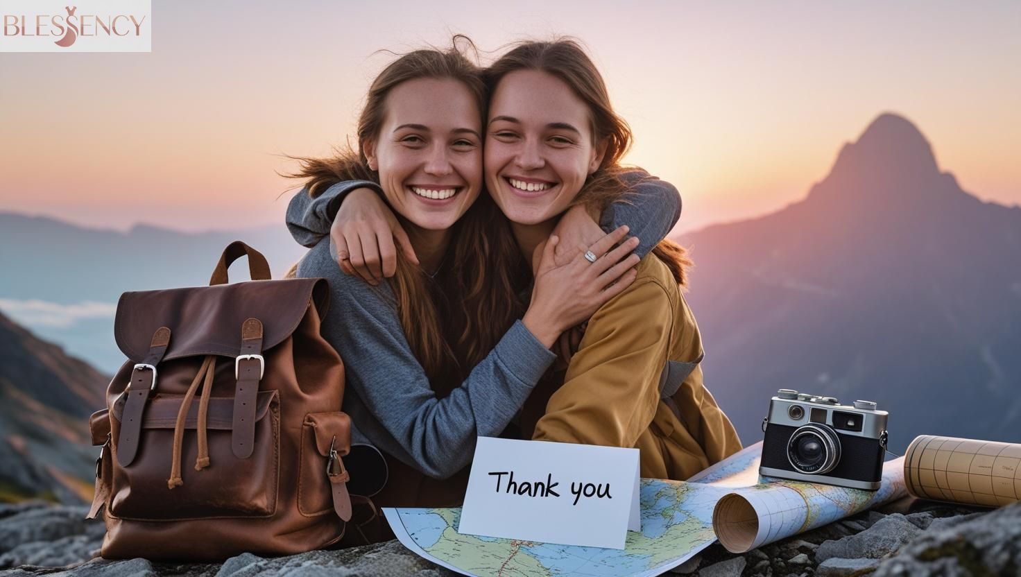 “Two happy travelers sharing a memorable moment together, with a thank you note expressing thank you for making this trip memorable.”