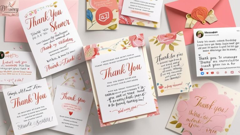 Elegant handwritten card with beautiful flowers and the words: “45+ Bridal Shower Thank You Messages — Make Them Feel Truly Special”