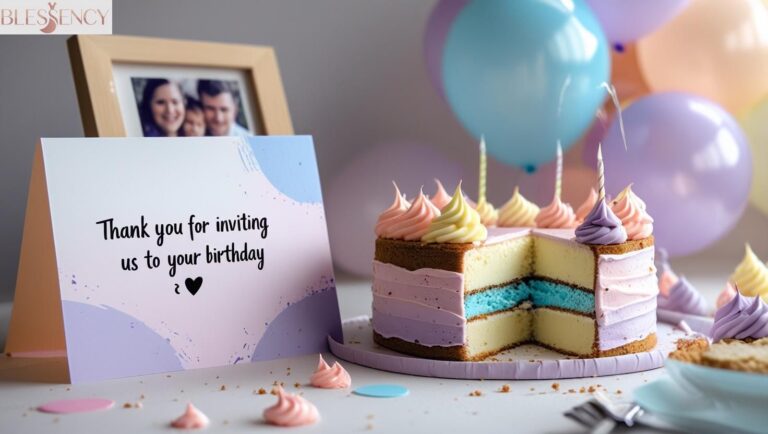 Thank you for inviting us to your birthday – heartfelt card with cake and celebration scene