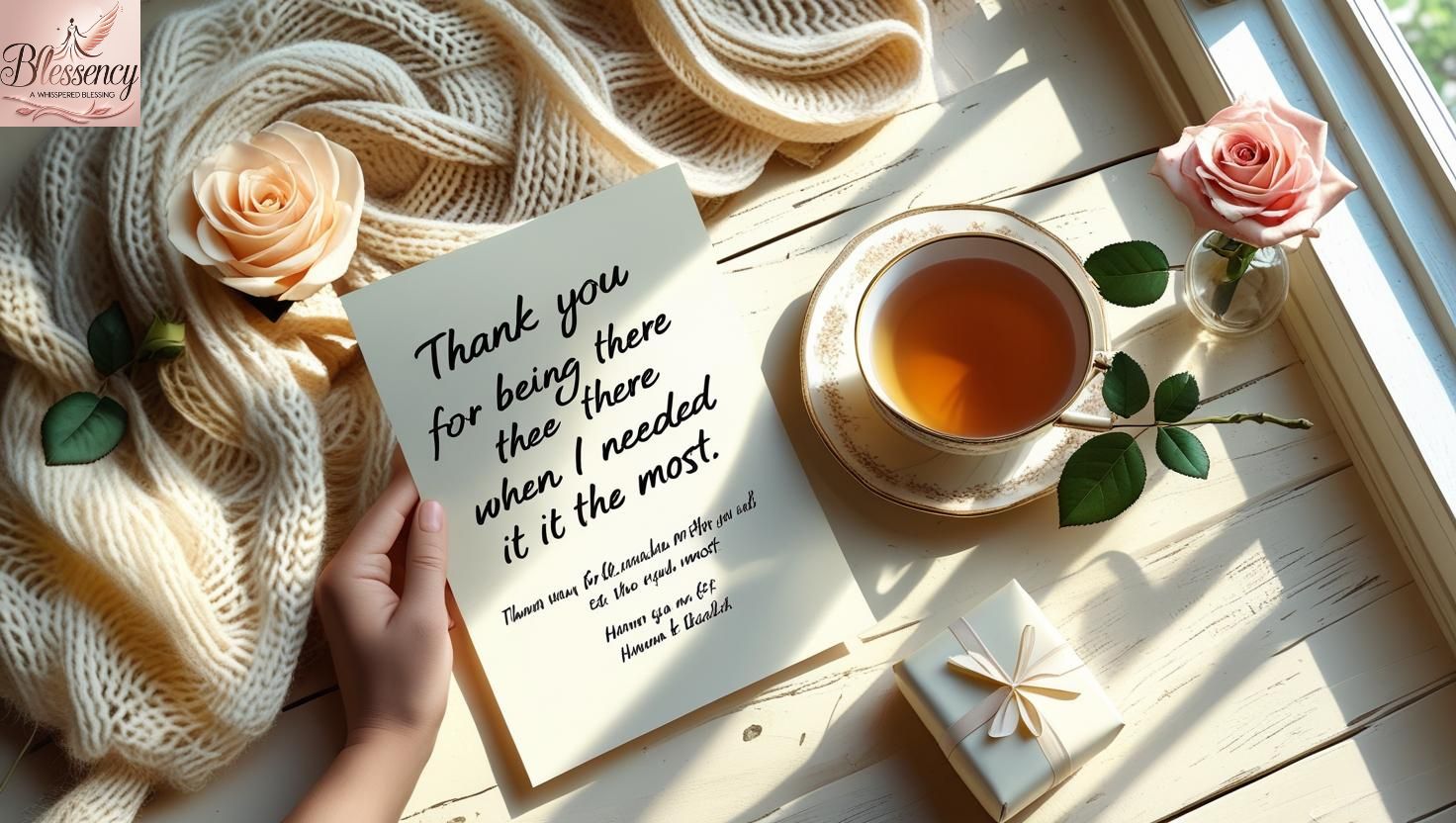 A cozy flat-lay image showing a handwritten Thanks for Helping Messages “Thank you for being there when I needed it the most,” placed next to a flower vase and a cup of tea. Warm light, soft colors, and an emotional, heartfelt vibe.