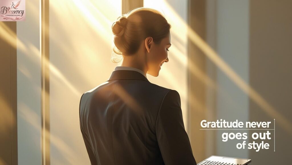 Professional closing laptop in soft light with a thankful smile