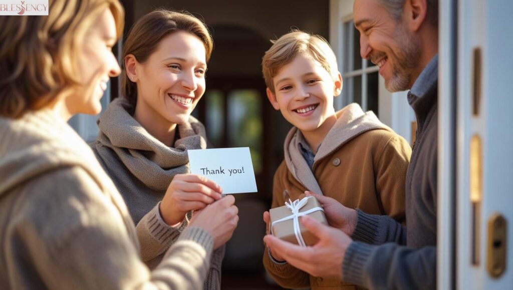 Smiling family saying goodbye at the door with a thank-you card, capturing the warmth of a heartfelt "thanks for visiting us" moment.