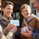 Smiling family saying goodbye at the door with a thank-you card, capturing the warmth of a heartfelt "thanks for visiting us" moment.