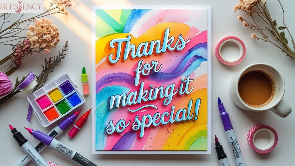 Creative thank-you card on a desk with art supplies, flowers, and coffee — expressing gratitude in a colorful, unique way