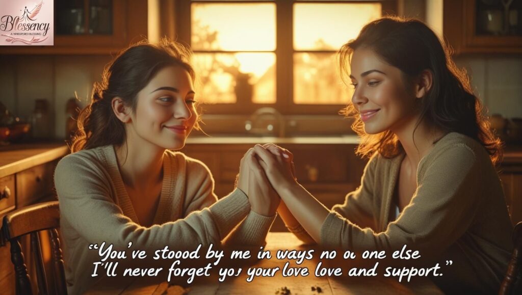 A touching image of two family members sitting close, holding hands in a quiet, emotional moment. Text overlay reads: “You’ve stood by me in ways no one else could. I’ll never forget your love and support.” Warm, heartfelt, and deeply personal.