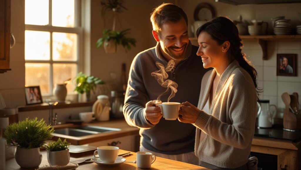 husband giving morning coffee to wife in cozy kitchen – everyday appreciation moment
