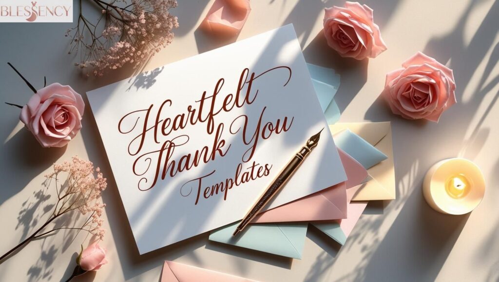 Flat lay of thank-you card, envelopes, and flowers representing heartfelt birthday invitation message templates