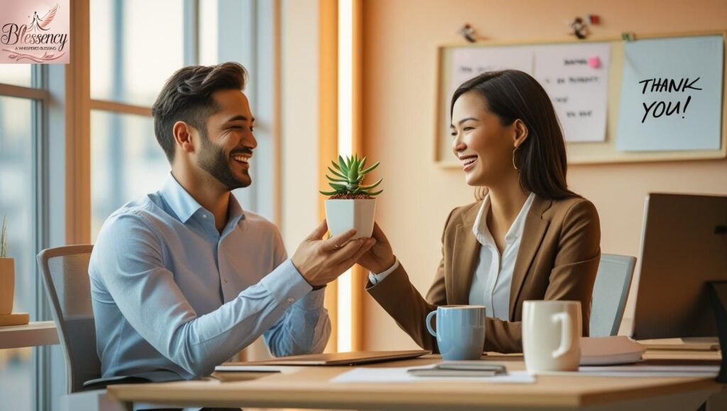 A coworker sharing a thank-you note with a colleague in a modern office — expressing appreciation in a kind, professional moment.
