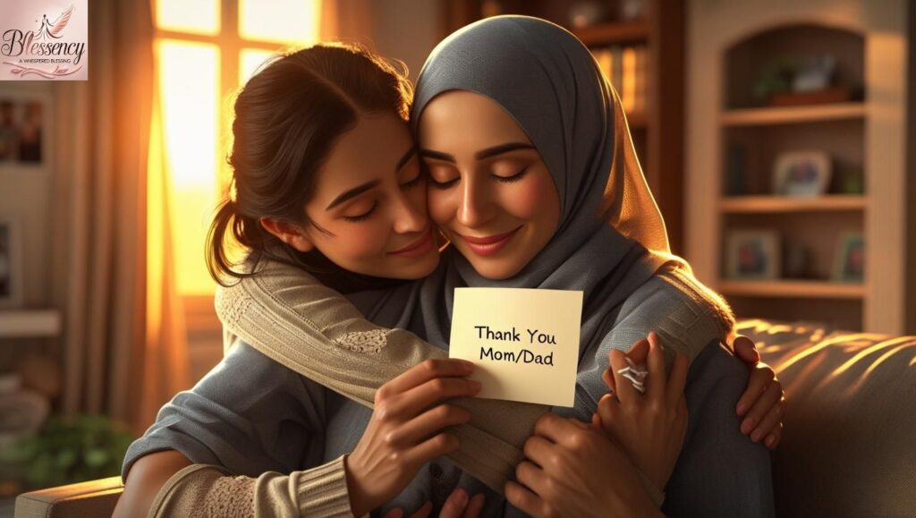 A touching moment between a grown child and parent, sharing a hug and a thank-you note — expressing deep gratitude and lifelong love.