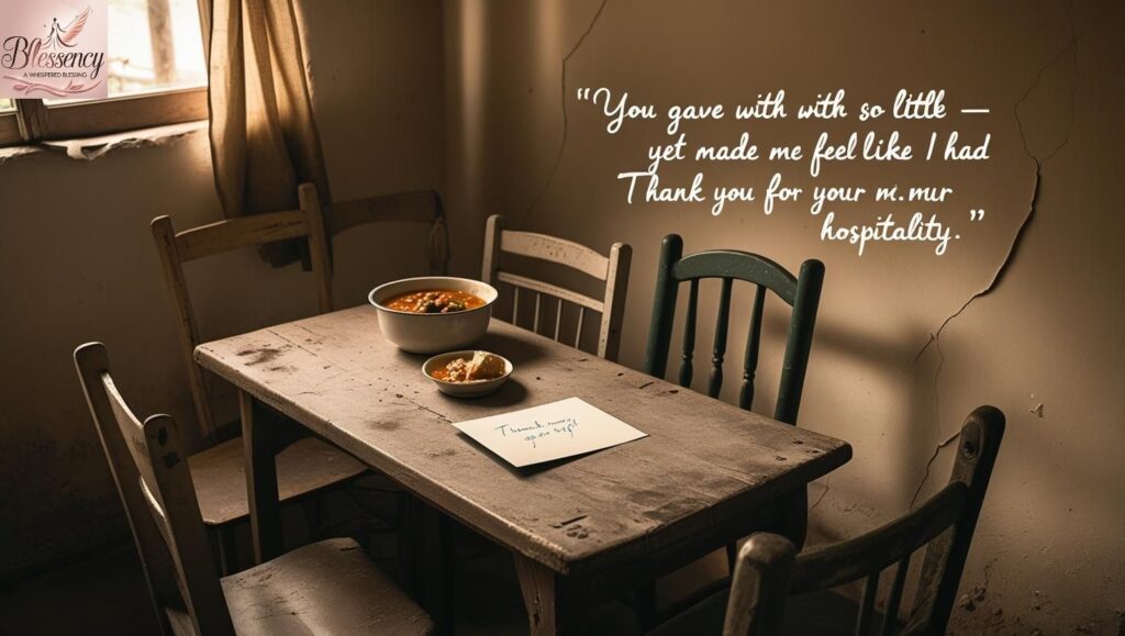 A modest yet warm room with signs of struggle, showing love and gratitude through simple hosting — with a heartfelt thank-you card on the table.