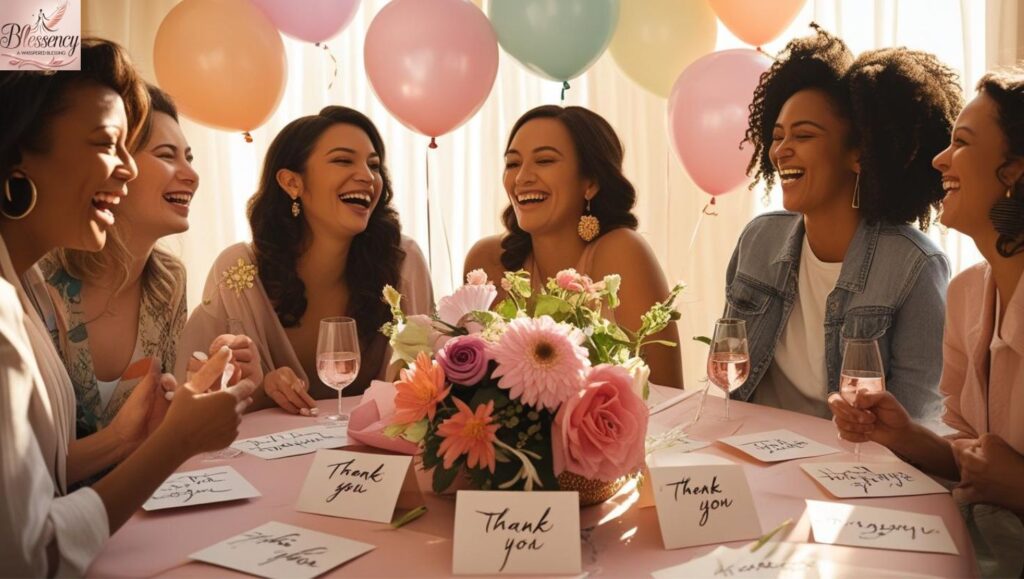 Friends laughing at a bridal shower with handwritten thank-you cards on a pastel-themed table.