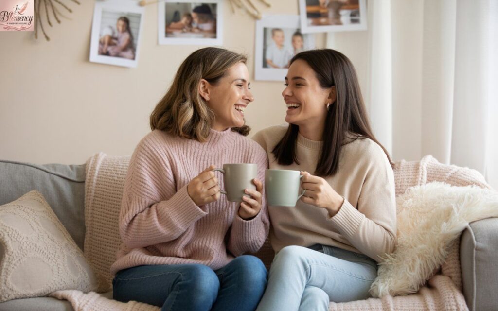 “Mother and daughter sharing a heartfelt laugh on Mother’s Day — best friends enjoying a warm, personal moment together with coffee and smiles.”