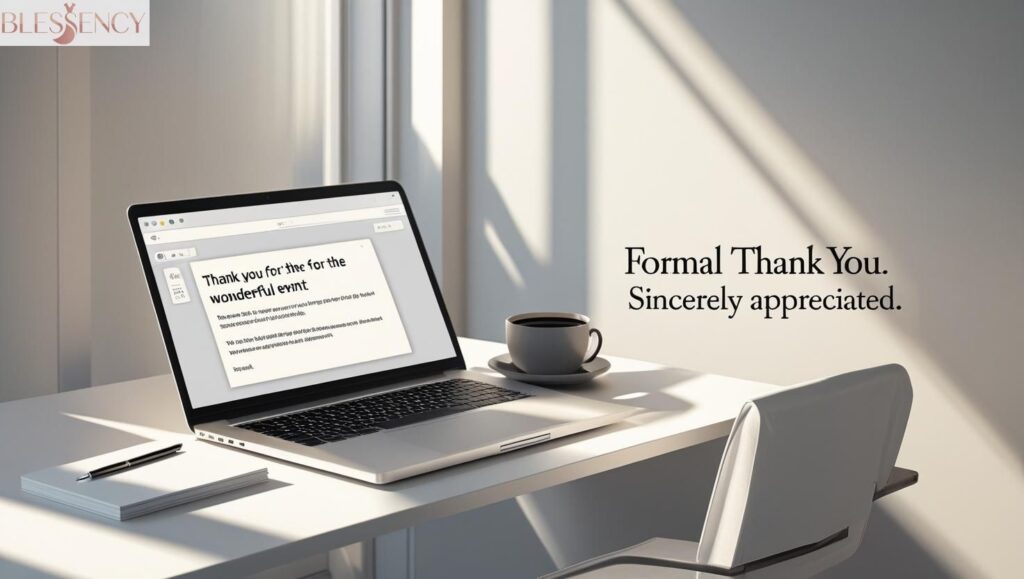 Formal thank you email draft on laptop at a neat workspace with notepad and coffee — representing sincere, professional gratitude