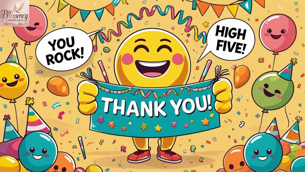 A fun and colorful cartoon-style thank-you scene with smiling emojis, party decorations, and confetti — perfect for lighthearted gratitude.