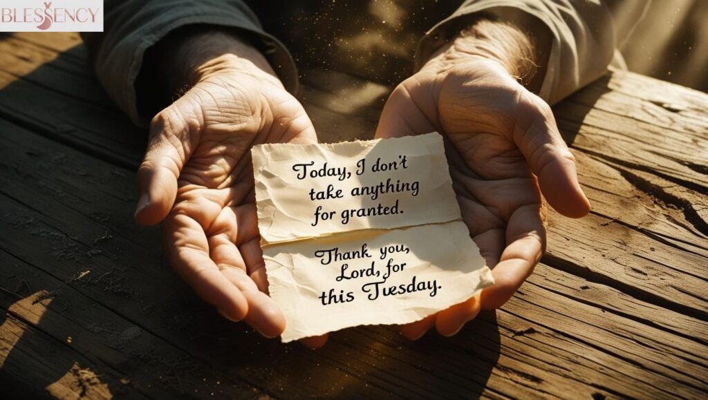 Prayerful hands holding gratitude message on rustic table with heartfelt Tuesday thankfulness quote

