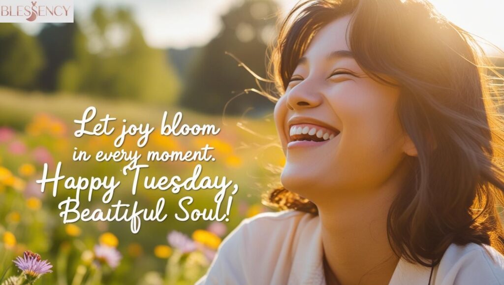 Joyful woman in sunlight smiling with inspirational Tuesday blessings for happiness and gratitude

