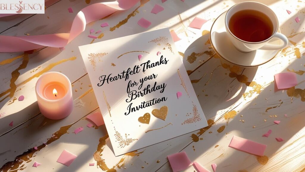 Heartfelt thank-you card scene with confetti and candle for birthday invitation appreciation