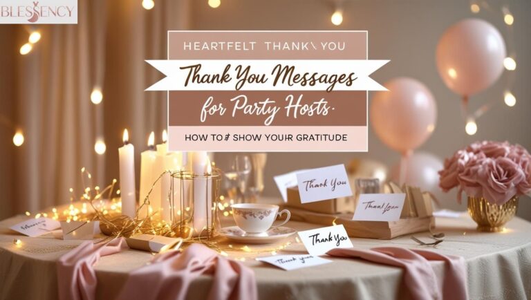 Thank You Messages for Party Hosts – Heartfelt and Appreciative Image of Party Table with Gratitude Cards and Lights”