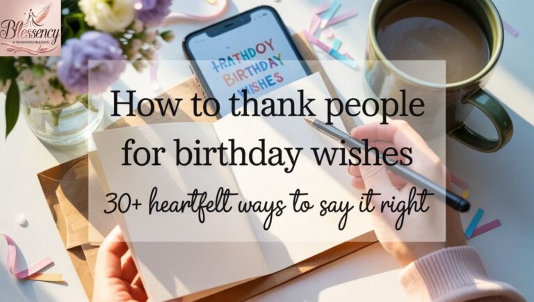 A warm flat lay of a thank-you card with birthday decorations and a phone showing messages, expressing heartfelt gratitude. Represents the concept of how to thank people for birthday wishes in a personal and emotional way.