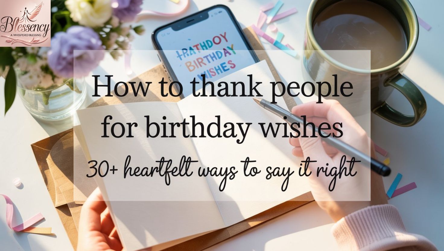 A warm flat lay of a thank-you card with birthday decorations and a phone showing messages, expressing heartfelt gratitude. Represents the concept of how to thank people for birthday wishes in a personal and emotional way.