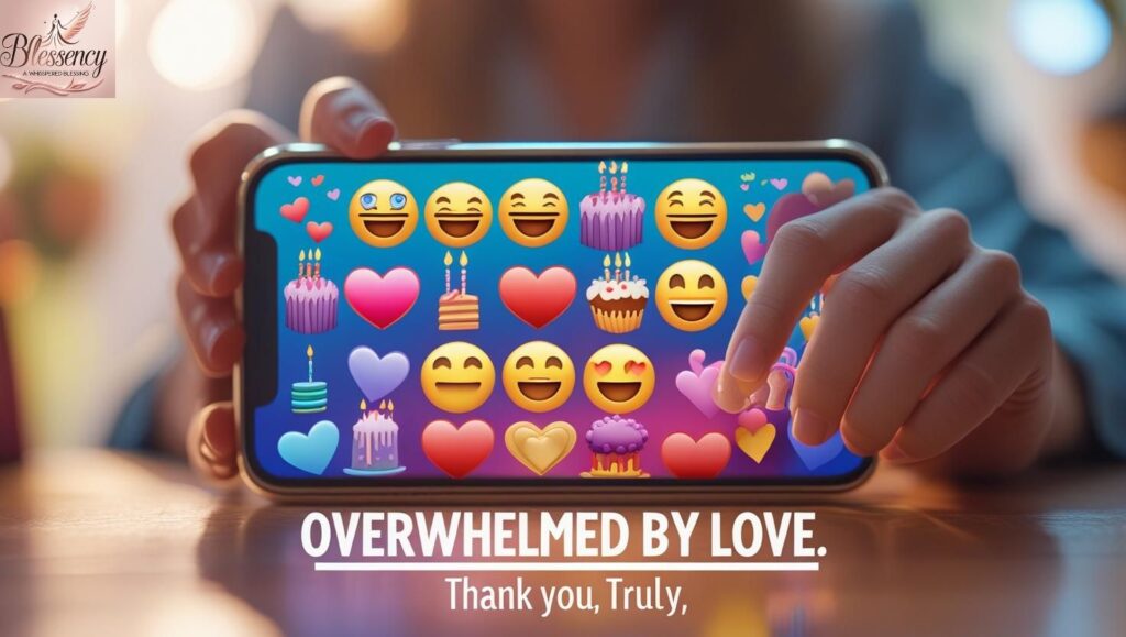 “Phone screen showing birthday wishes and emojis – captioning gratitude.”