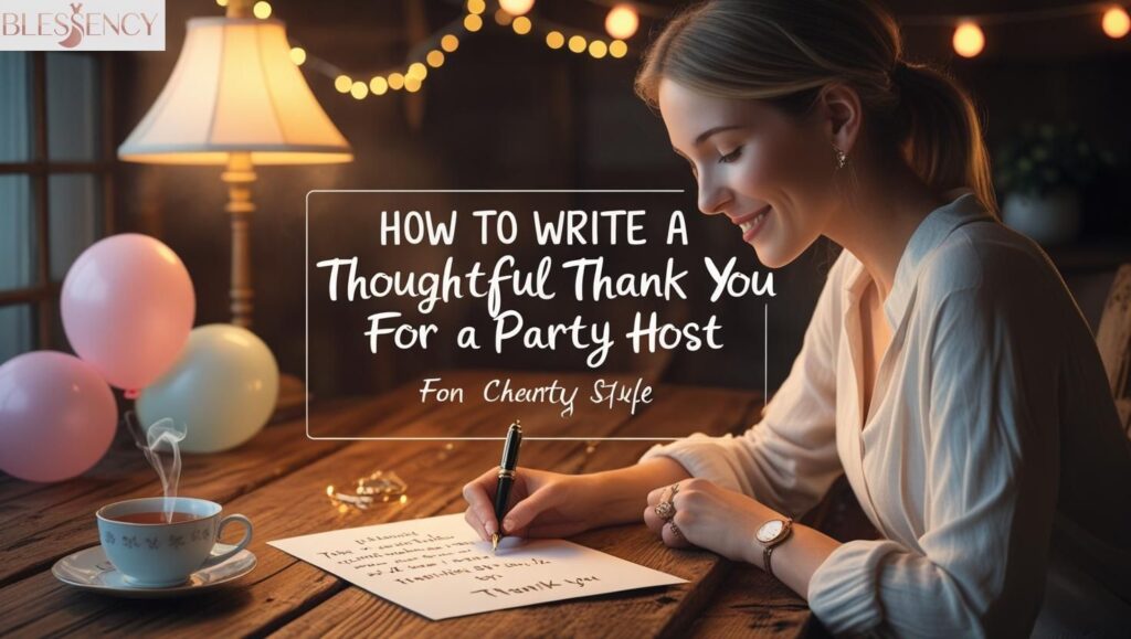Person writing a thoughtful thank you note after a party, with card, pen, and cozy table setup — showing how to write a thank you message for a party host.”